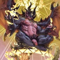 1boy abs anthro claws crossed_legs dohs dragon fangs flaccid glowing glowing_eyes horn jacketbear looking_at_viewer magic male male_only muscular muscular_male nipples nude penis retracted_foreskin scalie sitting solo uncut wings