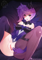 anus artist_name asymmetrical_clothes bare_shoulders censored choker crown dark_elementalist_lux elbow_gloves elementalist_lux gloves has_uncensored_version lavender_hair lavender_lipstick league_of_legends long_hair luxanna_crownguard lying on_side patreon purple_eyes pussy shaved_pussy side_ponytail single_thighhigh spread_legs spread_pussy thighhighs tofuubear