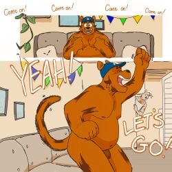 1:1 apron ass baseball_cap black_nose cheering clothing comic dialogue domestic_cat felid feline felis fur furniture fuzzy fuzzy_tail genitals hat headgear headwear hi_res inside mammal nude orange_body orange_fur osmond_(p_rindustries) p_rindustries penis raised_arm signature sitting slightly_chubby smile sofa standing tail teeth text whisker_spots white_body white_fur wilt_(p_rindustries)