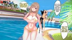 3d_(artwork) bikini blonde_hair blush breasts embarrassed embarrassed_nude_female enf english_text exhibitionism female golden_bikini kitagawa_marin koikatsu massive_breasts micro_bikini outside photoshoot recording sono_bisque_doll_wa_koi_wo_suru