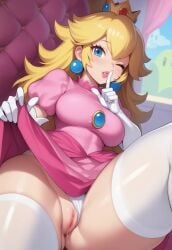 1girls ai_generated armwear blonde_hair blue_eyes breasts chair clothing crown dress ear_piercing eyelashes female female_only human human_only i_luv_bewbies indoors legwear lifting_dress light-skinned_female light_skin lipstick looking_at_viewer mammal mario_(series) mature mature_female nintendo panties pink_dress princess princess_peach pussy royalty sitting sitting_on_chair sitting_on_throne solo solo_female solo_focus thick_legs voluptuous voluptuous_female white_armwear white_legwear window