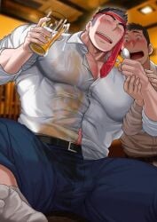 2boys abs absol_(dkqthf) bara beefy beer beer_glass belt big_breasts black_eyes black_hair blurry_background blush breast_bigger_than_head broad_shoulders bruise bruise_on_face bruised_breast bruised_neck bulge bulge_through_clothing daddy dilf drunk embarrassed frown fully_clothed gay hi_res holding_hands holding_object huge_breasts hunk light_skin looking_down male male_breasts male_only manly maou_abusorun mature_male muscles muscular muscular_arms muscular_legs muscular_male muscular_thighs narrowed_eyes necktie necktie_on_head open_mouth oppai original original_character pecs restaurant salaryman sanpaku shaved_side short_hair sitting size_difference small_pupils socks spiky_hair spilled_drink spoon spread_legs suit suit_and_tie sweat sweatdrop thick_eyebrows tight_clothing tough_guy veiny_arms wet_clothes white_shirt white_socks wide_eyed yaoi