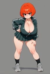 ai ai_generated black_eyes black_socks bob_cut breasts cleavage closed_mouth collarbone female full_body green_jacket grey_background grey_footwear hand_on_own_hip hand_on_own_thigh huge_breasts jacket kim_pine large_breasts leaning_forward long_sleeves looking_at_viewer miniskirt orange_hair partially_unzipped pleated_skirt shoes short_hair simple_background skirt sneakers socks solo standing thighs track_jacket zipper zipper_pull_tab