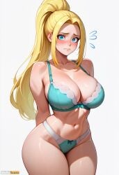 ai_generated aqua_bra aqua_panties arms_behind_back artist_name bare_shoulders beatrix_amerhauser blonde_hair blue_eyes blush bra breasts cleavage closed_mouth collarbone cowboy_shot curvy female flying_sweatdrops green_bra green_panties high_resolution highres large_breasts long_hair looking_at_viewer navel panties ponytail simple_background skindentation solo stable_diffusion sweat thick_thighs thighs underwear underwear_only waifuscans418 white_background zom_100:_zombie_ni_naru_made_ni_shitai_100_no_koto