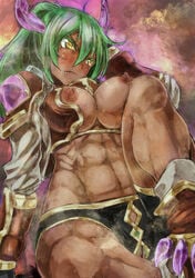 abs barbara_(p&d) breasts censored colored_eyelashes crotchless_panties cute_fang fang female green_hair horns large_breasts long_hair nipples open_clothes open_shirt panties pubic_hair pussy puzzle_&_dragons shirt slit_pupils solo tan underwear yellow_eyes yohane