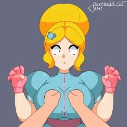 2d 2d_animation animated animated_gif big_breasts big_nipples big_titties brawl_stars clothing female female_focus gif looking_at_viewer nipples open_shirt piper_(brawl_stars) short_hair sumasuvt supercell talking_to_viewer text yellow_hair