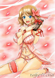 1girls :d armlet babydoll bangs bare_shoulders between_breasts blue_eyes blush bow box breasts brown_hair collarbone female female_only gift gift_box groin hairbow hand_between_breasts happy holding holding_gift huge_breasts human human_only large_breasts leg_garter legs_apart lingerie looking_at_viewer marker_(medium) navel nintendo off_shoulder open_mouth pokemon pokemon_xy red_bow red_ribbon ribbon round_teeth serena_(pokemon) short_hair sitting sketch smile socks solo stomach strap_slip takecha tareme teeth text thighs traditional_media underwear valentine's_day wariza watermark white_legwear