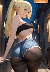 1girls ai_generated alley ass blonde_hair green_eyes jean_shorts large_breasts lillie_(pokemon) lipstick looking_at_viewer looking_back pokemon ponytail prostitution stockings theron57 thong tubetop