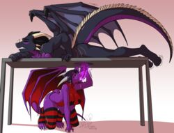 2016 anthro bat_wings black_hair black_scales blush breasts claws clothed clothing covering demalyx dragon duo english_text eyewear female glasses glory_hole hair horn kittydee kneeling legwear lying male massage_table membranous_wings milking_table nipple_tape nude on_front oral penis purple_penis purple_scales red_hair red_scales scales shen_(shenscalybutt) signature spikes straight stripes tape text toe_claws topless white_horn wings