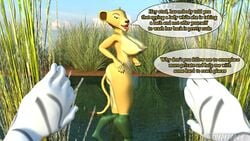 2016 3d 5_fingers ambiguous_gender anthro anthrofied breasts carbiid3 dialogue disney duo ear_piercing english_text equine feline female hand_on_ass jewelry lion looking_at_viewer mammal nala necklace nipples nude outside peeping piercing pov signature solo_focus speech_bubble standing text the_lion_king tongue tongue_out water wide_hips zebra