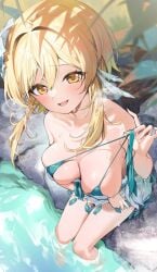 1girls 2d 2d_(artwork) alternate_costume artist_request bikini bikini_top blonde_hair blush breasts female female_focus female_only flower flower_in_hair front_view genshin_impact hoyoverse light-skinned_female light_skin looking_at_viewer lumine_(genshin_impact) mihoyo outdoors rocks short_hair sitting sitting_on_rock smiling smiling_at_viewer solo solo_female solo_focus swimsuit two_piece_swimsuit water wet wet_body white_flower yellow_eyes young younger_female