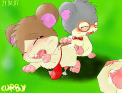 anal anal_sex apron blush bow_tie closed_eyes clothed clothing cum curby dexter_(hamtaro) hamster hamtaro_(series) howdy_(hamtaro) male mammal open_mouth partially_clothed penetration penis rodent simple_background yaoi