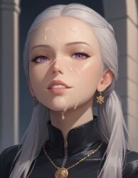 1girl ai_generated cum cum_on_face dreamlandai earrings female fire_and_blood house_of_the_dragon light-skinned_female light_skin looking_at_viewer non-nude purple_eyes rhaenyra_targaryen sexually_suggestive sfw smile tied_hair