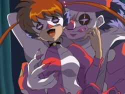 age_difference alternate_costume bodysuit brainwashing choker clown clown_girl clownification corruption drool enemy_conversion female femsub flat_chest hell_teacher_nube hell_teacher_nube:_at_0_a.m._nube_dies!! hitsugi_mc hypnosis hypnotic_accessory jester jigoku_sensei_nube kyoko_inaba leotard looking_at_viewer male maledom mask mind_control open_mouth pierrot_(hell_teacher_nube) red_hair sitting_on_lap smile twintails