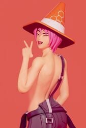 breasts clothed clothed_female clothing cone cone_hat female female_focus female_only fortnite hand_gesture joss_(fortnite) licking_lips looking_back looking_back_at_viewer open_mouth open_mouth peace_sign pink_hair r3r0nx shiny shiny_skin solo solo_female solo_focus topless topless_female traffic_cone wink winking winking_at_viewer