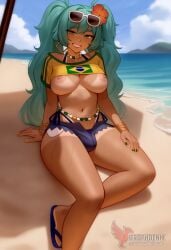 1girls 2d ai_generated aqua_hair ass barefoot big_ass big_breasts bikini bracelet brazilian_miku breasts dark-skinned_female earrings erection erophoenix eyewear_on_head feet full_body futanari grin hair_flower hair_ornament hatsune_miku huge_breasts jewelry kneeling large_penis long_hair looking_at_viewer looking_back nail_polish patreon_username penis shorts smile soles solo solo_female sunglasses swimsuit tan tellow_shirt testicles thick thick_thighs toes uncensored vocaloid