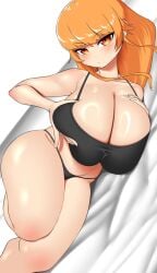 big_breasts bra breasts female fondling_breast grabbing_own_breast humanoid inkling inkling_girl looking_at_viewer nobunagapero orange_eyes orange_hair peronattu plump_breasts plump_thighs splatoon