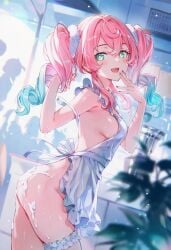 ai_generated apron apron_only cream_on_ass curvy_body curvy_female female green_eyes happy_female honkai:_star_rail hyacine_(honkai:_star_rail) pink_hair raaicave wife