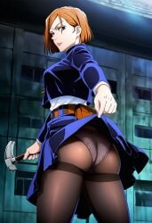 1girls accurate_art_style ai_generated anime_coloring anime_style ass big_ass big_breasts blush breasts brown_eyes brown_hair bubble_ass bubble_butt curvaceous curvy curvy_body curvy_figure female female_focus female_only from_behind hammer holding_object jacket jujutsu_kaisen jujutsu_tech_uniform kugisaki_nobara lifted_by_self light-skinned_female light_skin looking_at_viewer panties panties_under_pantyhose pantyhose presenting presenting_ass rear_view round_ass school_uniform short_hair skirt skirt_lift tool viewed_from_below