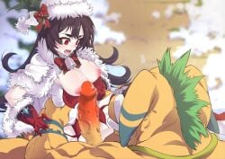 bell black_hair christmas christmas_outfit huge_cock ilya_ornstein imminent_rape large_breasts monster monster_cock mori_shin_risuku nipples princess_connect! red_eyes