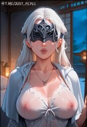 ai_generated architecture artist_name blindfold breasts cleavage collarbone covered_eyes covered_nipples dark_souls dark_souls_3 eye_mask facing_viewer female fire_keeper hood indoors jewelry lantern large_breasts lingerie lips long_hair mask necklace night nightgown nipples see-through sleep_mask solo upper_body white_hair