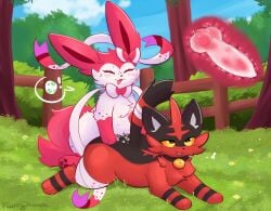 accidentally_gay duo eeveelution feral fluffydasher fuwa_(fluffydasher) generation_6_pokemon generation_7_pokemon hi_res knot knotting male male/male nintendo pokemon pokemon_(species) sylveon torracat x-ray_view