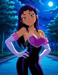 2025 ai_generated blackfire cartoon_network dcau deviantart elryusam evil_grin evil_smile forest grinning_at_viewer looking_at_viewer meta mouth_closed not_porn orange_body orange_cheeks orange_skin park purple_eyebrows purple_eyes purple_hair rouge_the_bat rouge_the_bat_(cosplay) sega smile_at_viewer smiling_at_viewer sonic_the_hedgehog teen_titans