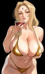 absurdres armpit_crease bikini black_background blonde_hair breasts brown_eyes collarbone cup curvy drinking_glass facial_mark female forehead_mark gold_bikini grabbing_own_breast groin hair_intakes hand_up highres holding holding_cup kirani large_breasts lips long_hair looking_at_viewer micro_bikini naruto naruto_(series) navel parted_lips simple_background solo stomach swimsuit tsunade wine_glass