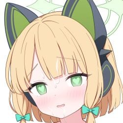 animal_ear_headphones animal_ears blonde_hair blue_archive blunt_bangs blunt_ends blush bow cat_ear_headphones cat_ears cum cum_in_mouth cum_on_body cum_on_hair dot_nose facial fake_animal_ears female furrowed_brow green_bow green_eyes green_halo green_pupils hairbow halo head_tilt headphones heart heart-shaped_pupils highres jyt looking_at_viewer low-tied_sidelocks medium_hair midori_(blue_archive) open_mouth parted_bangs portrait raised_inner_eyebrows second-party_source sidelocks simple_background solo symbol-shaped_pupils white_background