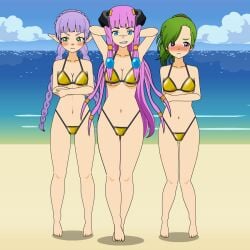 arkelkaret beach blue_eyes blush camelot chalis embarrassed gold_bikini golden_sun golden_sun_dark_dawn golden_week green_eyes green_hair horns karis karis_(golden_sun) lilac_hair nintendo ocean pink_hair pout purple_eyes smile smug sveta sveta_(golden_sun) wolf_ears