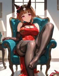 ai_generated animal_ears brown_hair chinese_clothes female horse_girl looking_at_viewer markings_on_hair red_eyes ribbon_in_hair stockings transcend_(umamusume) umamusume umamusume_pretty_derby