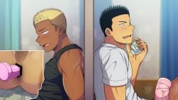 2boys anal anal_insertion anus_hair armpit_hair ass bedroom blonde_hair blurry_background blush bottomless brown_eyes censor_bar censored censored_anus clothed dark_skin dildo dildo_in_ass dildo_insertion dildo_penetration drooling frown futase_hikaru gay green_hair hi_res indoors leaning leaning_on_wall leg_hair looking_pleasured lunatique male male_only male_penetrated masturbation mature_male muscles muscular muscular_arms muscular_male onahole original original_character penetrable_sex_toy perineum pink_dildo pointless_censoring pubic_hair saliva saliva_trail sanpaku sex_toy short_hair sitting small_pupils spread_legs steam steamy_breath sweat sweatdrop sweating sweaty tan tan_body tanktop tanline thin_wall tissue two_panel_image used_tissue yaoi young