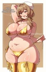 1girls absurd_res armpits arms_behind_head big_breasts bikini blush bready_(nikke) breasts breasts_bigger_than_head brown_eyes brown_hair cameltoe choker chubby chubby_female curvaceous curvy curvy_female dialogue digital_media_(artwork) english_text eyebrows eyebrows_visible_through_hair eyelashes female female_focus female_only glistening glistening_body goddess_of_victory:_nikke golden_bikini headgear headwear hi_res hourglass_figure huge_breasts kharuart light-skinned_female light_skin looking_at_viewer motion_lines plump solo sweat sweatdrop sweaty text thick_thighs twitter_link video_games voluptuous voluptuous_female wide_hips