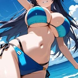 2025 beach belly blue_bikini blue_hair instagram meta teeth_showing ten01c tummy unknown_character