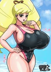 big_ass big_breasts bikini blonde_hair bow breasts cleavage drill_hair hand_on_hip huge_breasts large_ass large_breasts laugh laughing luna_platz mega_man mega_man_star_force midriff ojou-sama_pose one-piece_swimsuit shirogane_luna sideboob sirakuroyamiri sweat swimsuit twin_drills twintails wide_hips