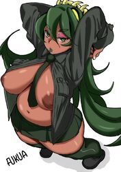 bedroom_eyes breasts chubby dark_skin fukua_(skullgirls) green_hair looking_at_viewer shamone_(skullgirls) skirt skullgirls stockings topless