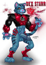 4_fingers abs anthro ass balls blood blue_fur bottomless claws clothed clothing dc dc_comics dex-starr erection feline fur invalid_tag jeremonkey male_only mammal muscular pawpads penis pubes red_lantern_(dc) ring solo suit teeth yellow_eyes