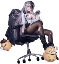 :d azur_lane belt black_bra black_footwear black_gloves black_headwear black_jacket black_pantyhose black_skirt boots bra bra_peek breasts cg chair chick cleavage collared_shirt crossed_legs cuffs dress_shirt female full_body gangut_(azur_lane) gangut_(imposing_warden)_(azur_lane) gloves grey_hair hair_between_eyes handcuffs hat high_heels holding jacket large_breasts long_hair long_sleeves looking_at_viewer manjuu_(azur_lane) miniskirt mole mole_on_breast multicolored_hair object_on_head office_chair official_alternate_costume official_art open_clothes open_mouth panties panties_on_head pantyhose partially_unbuttoned peaked_cap pencil_skirt police_uniform prison red_eyes shackles shirt silver_hair sitting skirt smile solo strawberry_print streaked_hair suspenders swivel_chair teeth thighs torn_clothes torn_pantyhose transparent_background underwear very_long_hair white_shirt