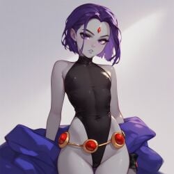 ai_generated belt forehead_jewel hips leotard nipples_visible_through_clothing purple_eyes purple_hair rachel_roth raven_(dc) short_hair small_breasts thighs transparent_clothing