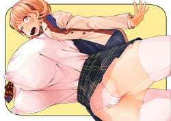 breasts brown_eyes brown_hair covered_nipples female gigantic_breasts hair_ornament hairclip huge_breasts mmm narusawa_ryouka occultic;nine panties short_hair skirt smile solo thighhighs underwear