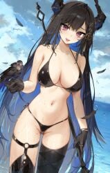 1girls belly_button bikini bird black_hair blue_hair breasts dayshiart feathers female hololive hololive_english horn looking_at_viewer nerissa_ravencroft red_eyes sea seaside spear swimsuit thighs virtual_youtuber weapon wet