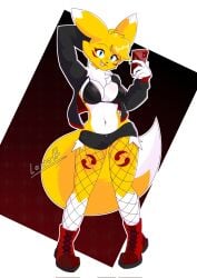 anthro bandai_namco big_breasts blue_eyes boots breasts canid canine cellphone clothing digimon digimon_(species) electronics female fishnet_clothing fishnet_legwear footwear fox hi_res jacket legwear lewott mammal open_mouth phone renamon shoes solo tail topwear