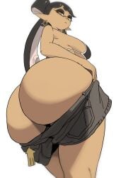 1girls ass big_ass big_butt bikini black_bikini breasts bubble_butt callie_(splatoon) clothes_pull curvy dark-skinned_female dark_skin earrings fat_ass female female_only highres huge_ass jewelry large_ass large_breasts long_hair looking_at_viewer mole mole_under_eye pointy_ears shorts shorts_pull simple_background solo solo_female splatoon splatoon_(series) swimsuit thick voluptuous white_background yuta_agc