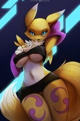 2016 anthro armpits cameltoe clothing digimon female foxinshadow fur looking_at_viewer panties renamon shirt solo underwear yellow_fur zero-sum