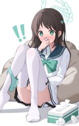 ! !! @_@ airi_(blue_archive) aqua_bow aqua_bowtie aqua_eyes aqua_halo aqua_panties black_sailor_collar blue_archive blush bow bowtie brown_hair caught commentary_request female female_masturbation food-themed_hair_ornament hair_ornament halo handkerchief highres holding holding_handkerchief implied_masturbation knees_together_feet_apart knees_up long_hair long_sleeves looking_at_viewer masturbation panties panties_around_one_ankle polka_dot polka_dot_panties sailor_collar shijima_(shijima_tc) shirt simple_background sitting skirt smelling soles solo sweat thighhighs thighs tissue_box two_side_up underwear used_tissue white_background white_shirt white_skirt white_thighhighs