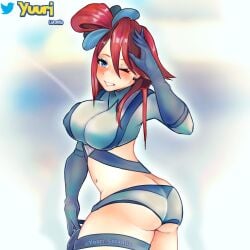 alternate_version_available blue_eyes blush bow breasts deleted_artist earrings eye_shadow female female_only latina long_gloves looking_at_viewer looking_back medium_breasts navel pokemon pokemon_bw red_hair saluting saluting_at_viewer shorts simple_background skyla_(pokemon) small_nose solo solo_female tagme thight_clothing white_skin