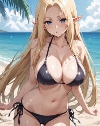 2025 ai_generated alpha_(character) alpha_female beach belly black_bikini blonde_female blonde_girl blonde_hair_female blue_eyes elf_ears elf_female elf_girl eyebrows eyebrows_visible_through_hair female instagram meta not_porn orange_cheeks shoujo_ai teeth_showing tummy unknown_artist unknown_character wet_bikini wet_body wet_skin