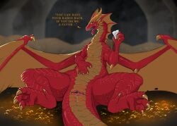 dragon english_text female feral flamespitter genitals hi_res looking_at_viewer mythological_creature mythological_scalie mythology open_mouth pussy reclining scalie solo spread_legs spreading talking_to_viewer text