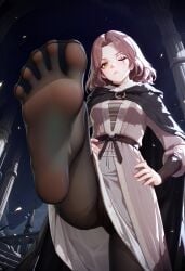 1girls ai_generated black_pantyhose brown_eyes brown_hair cape clothed detailed_background elden_ring facial_mark feet feet_focus feet_up female female_focus female_only foot_fetish foot_focus legwear melina_(elden_ring) nylons one_eye_closed pantyhose short_hair soles soles_female teenager toes toes_spread veloramist