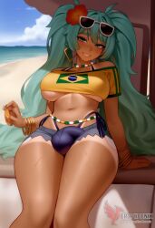 1girls 2d ai_generated aqua_hair ass barefoot big_ass big_breasts bikini bracelet brazilian_miku breasts dark-skinned_female earrings erection erophoenix eyewear_on_head feet full_body futanari grin hair_flower hair_ornament hatsune_miku huge_breasts jewelry kneeling large_penis long_hair looking_at_viewer looking_back nail_polish patreon_username penis shorts smile soles solo solo_female sunglasses swimsuit tan tellow_shirt testicles thick thick_thighs toes uncensored vocaloid
